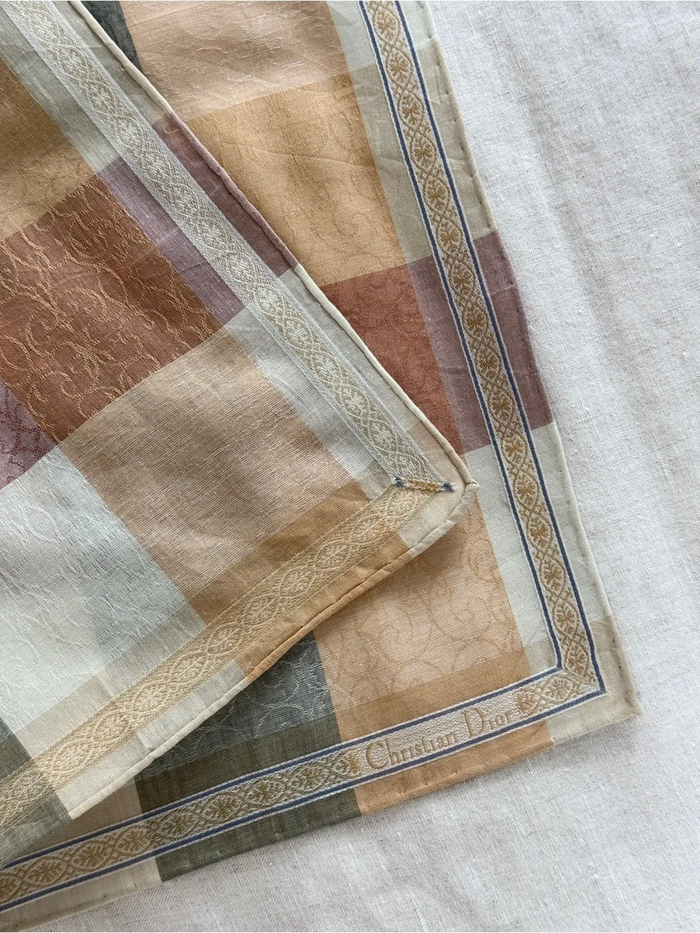 Vintage Dior Jacquard Woven Plaid Cotton Linen Bandana Scarf Made in Japan